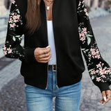 Black zip-up floral print jacket, ribbed cuffs, long sleeves and zip front