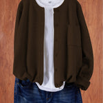 Dark brown round-neck cardigan with button front and side pocket