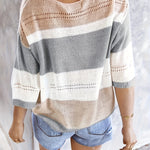 Olga™ striped pullover sweater, back scoop neck, gray and white stripe blocks