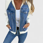 Zoeylynn refined jacket with blue denim front, white contrast sleeves, zip front, chest pockets