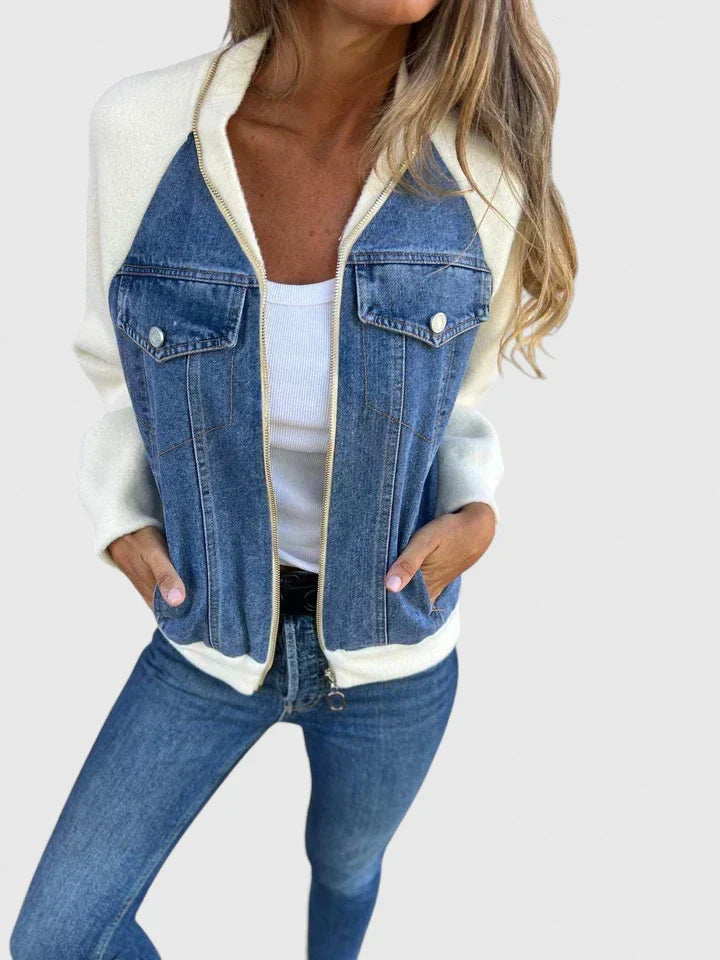 Zoeylynn refined jacket with blue denim front, white contrast sleeves, zip front, chest pockets