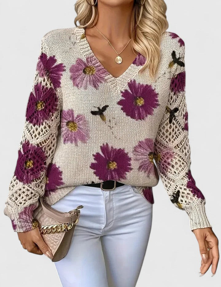 Floral knit pullover sweater in cream with purple flower pattern and V-neck