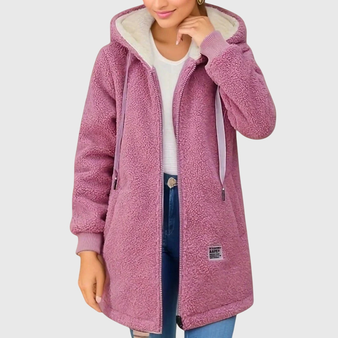 Pink women’s fleece hooded jacket with full zip, drawstring hood, and side pockets