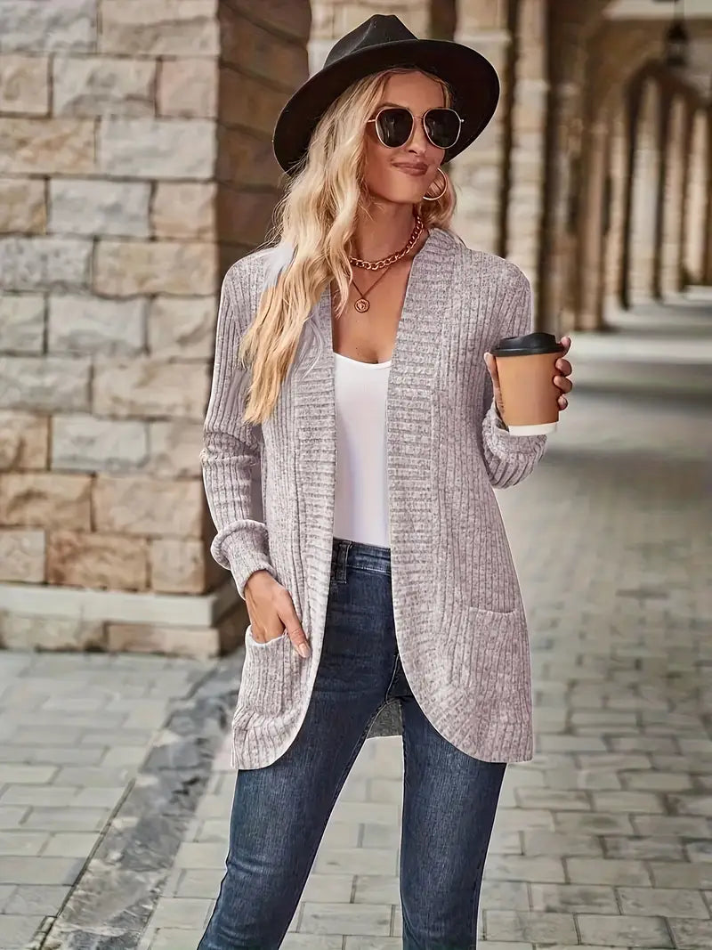 Ribbed knit cardigan with long sleeves and open front, heather gray-beige, front view