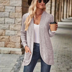 Ribbed knit cardigan with long sleeves and open front, heather gray-beige, front view