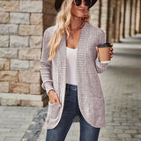 Ribbed knit cardigan with long sleeves and open front, heather gray-beige, front view