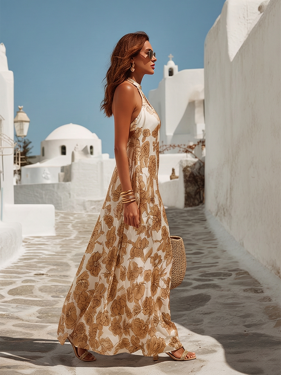 Beige floral satin maxi dress with halter straps and flowing full skirt