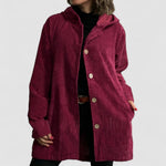 Red corduroy hooded jacket with button front and two side pockets