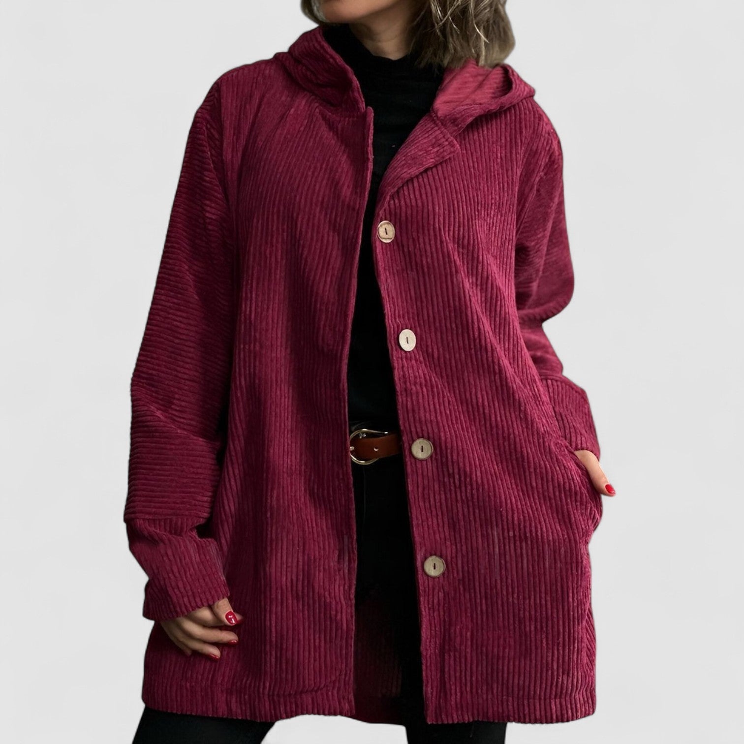 Red corduroy hooded jacket with button front and two side pockets