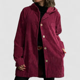Red corduroy hooded jacket with button front and two side pockets