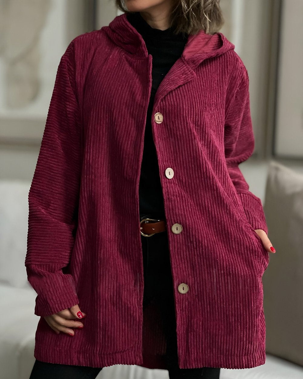 Red corduroy hooded jacket, button placket and side pockets