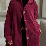 Red corduroy hooded jacket, button placket and side pockets