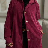 Red corduroy hooded jacket, button placket and side pockets