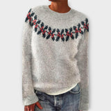 Simone cozy Christmas sweater in heather gray knit, crew neck, festive band with red accents
