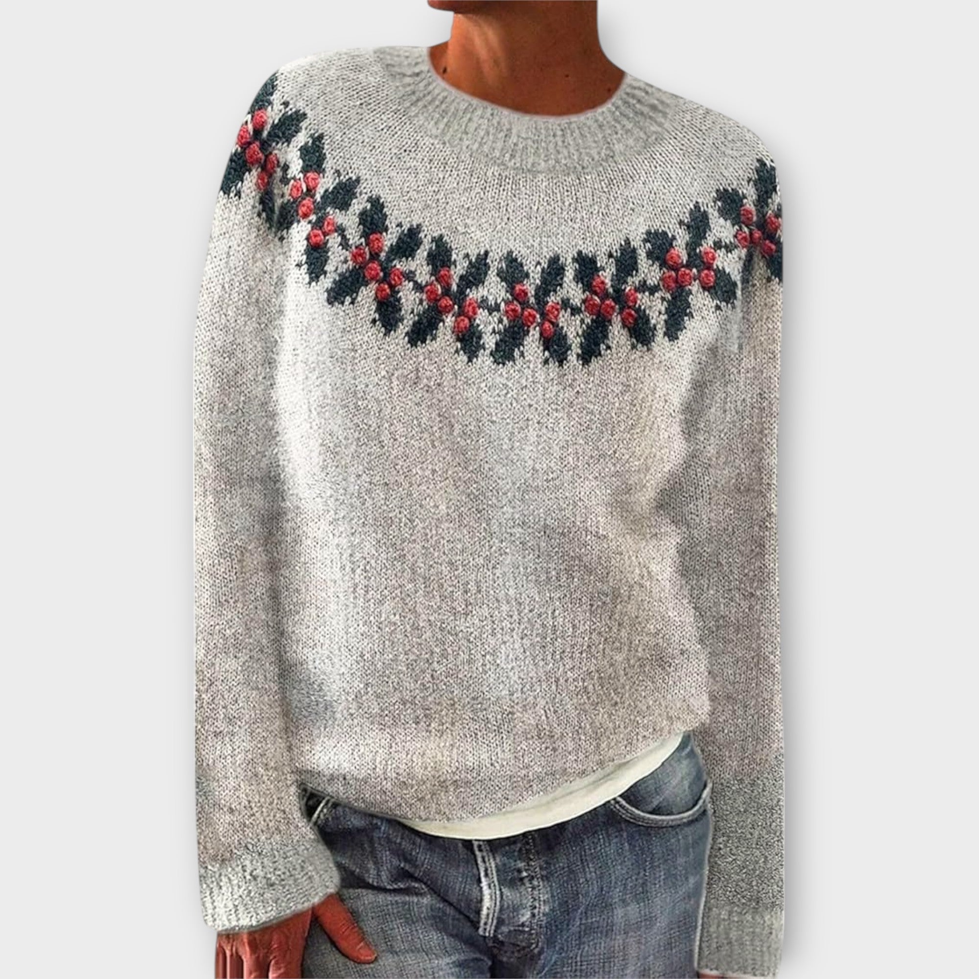 Simone cozy Christmas sweater in heather gray knit, crew neck, festive band with red accents