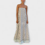 Rjava - Einzigartiges geometrisches Maxikleid mit schulterfreien Trägern