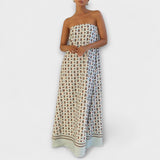 Rjava - Einzigartiges geometrisches Maxikleid mit schulterfreien Trägern