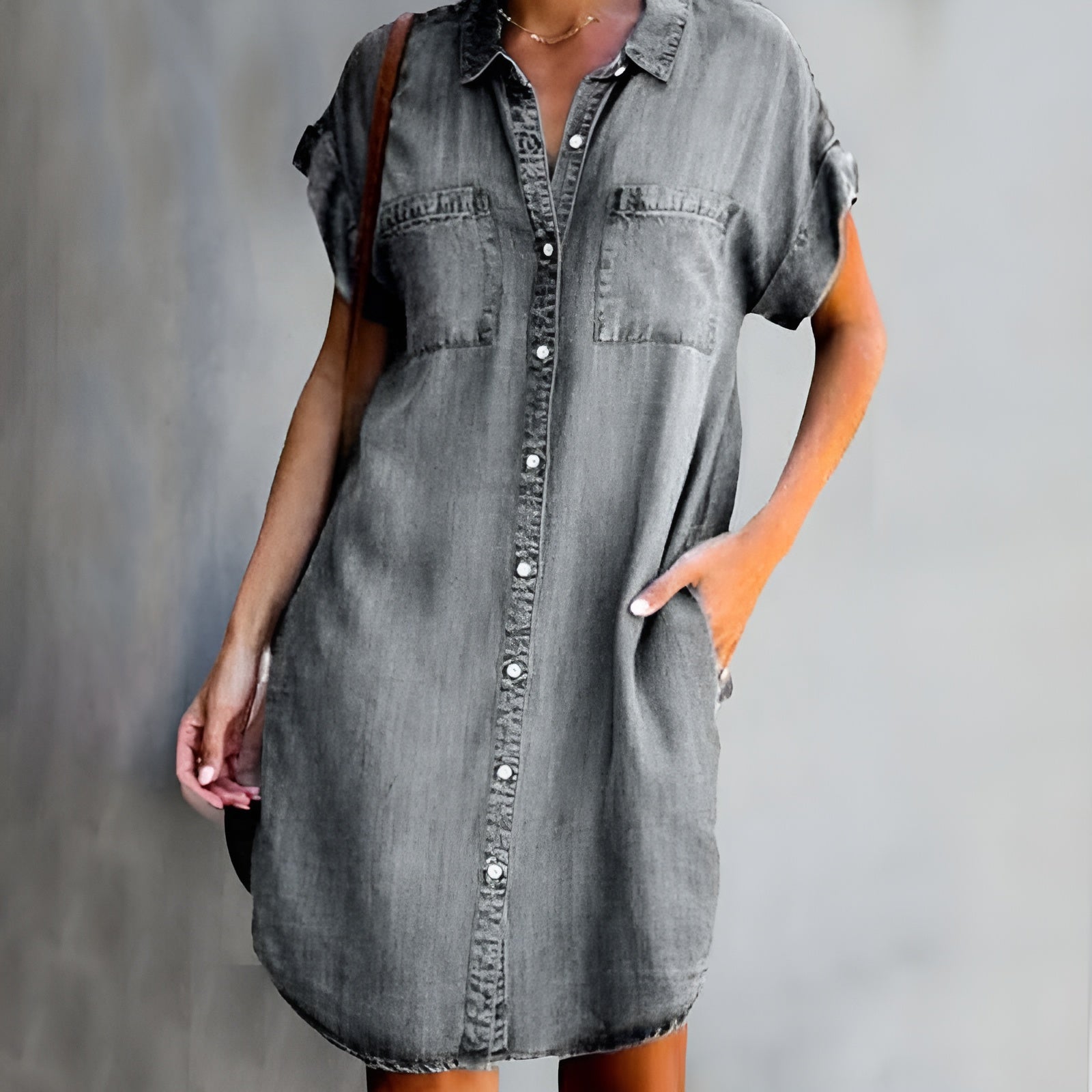 Diane™ casual denim shirt dress, gray wash, button-front, collar, chest pockets