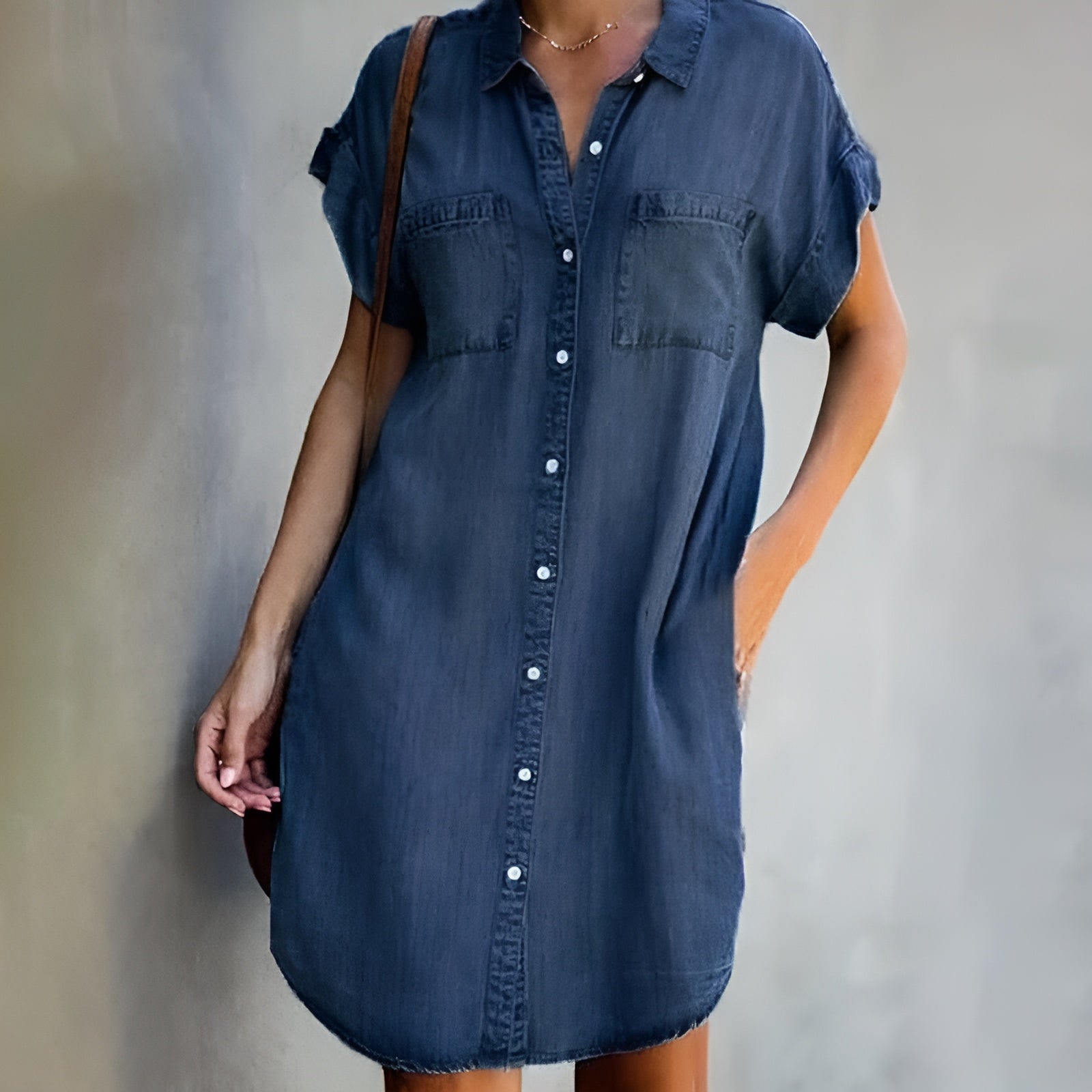 Diane™ casual denim shirt dress, dark blue, button-front, collar, chest pockets