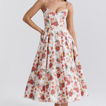 Women's white floral fitted slimming dress with spaghetti straps and flared midi skirt