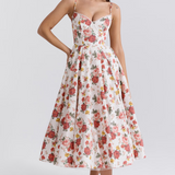 Women's white floral fitted slimming dress with spaghetti straps and flared midi skirt