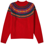 Red pullover sweater with multicolor Fair Isle yoke, ribbed crew neck and cuffs