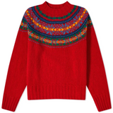 Red pullover sweater with multicolor Fair Isle yoke, ribbed crew neck and cuffs