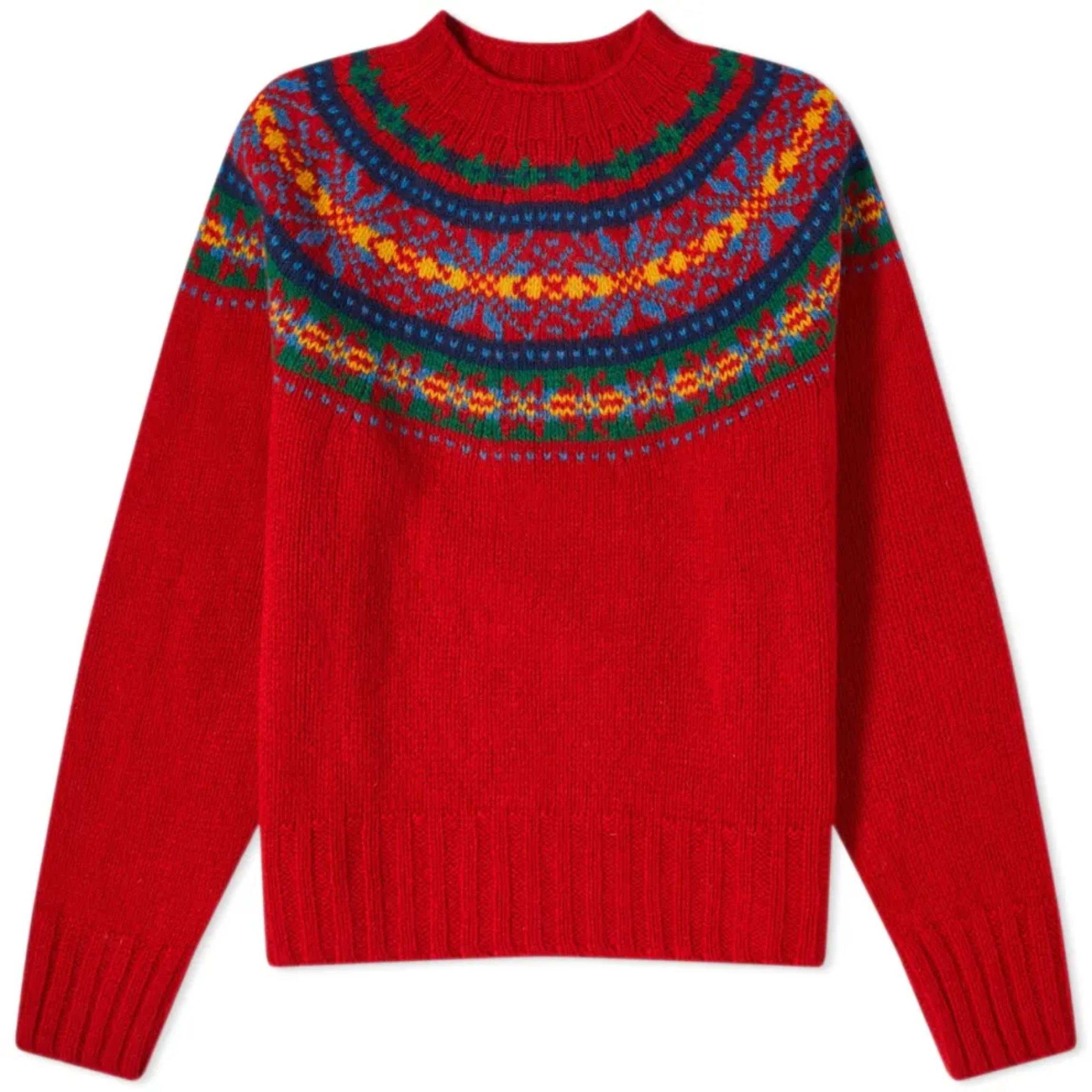 Red pullover sweater with multicolor Fair Isle yoke, ribbed crew neck and cuffs