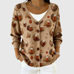 Cozy knit cardigan with button front, long sleeves, allover animal print, tan-brown