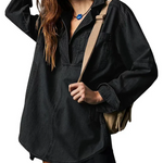 Black oversized denim pullover with half-zip neckline and chest pocket