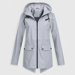 Light gray hooded zip-up jacket with drawstring, front pockets, and buttoned flap closures