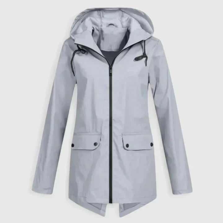 Light gray hooded zip-up jacket with drawstring, front pockets, and buttoned flap closures