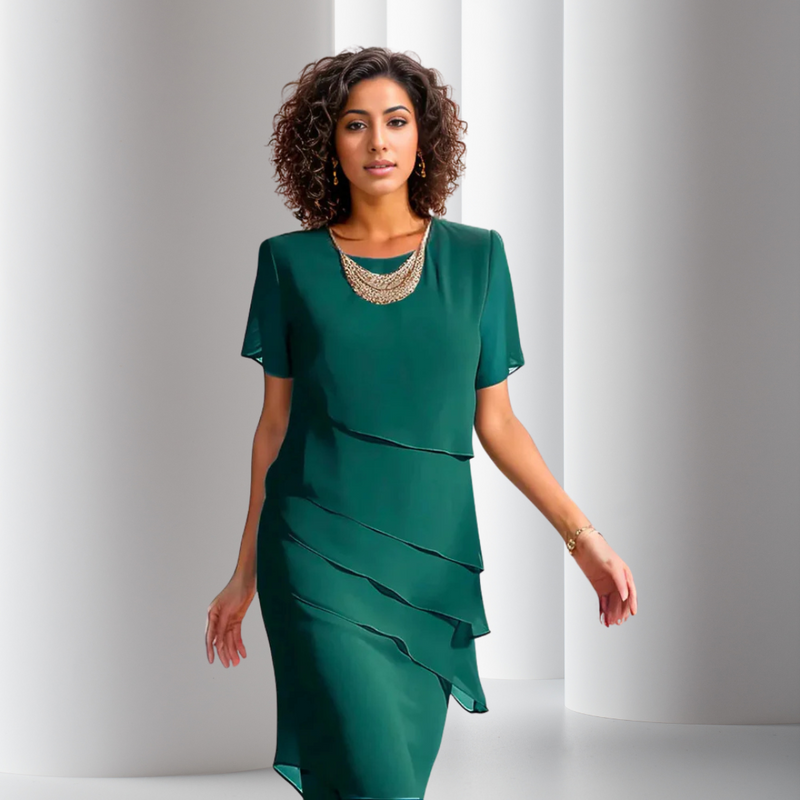 Green layered chiffon dress with short sleeves and cascading ruffle tiers
