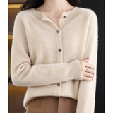 Cream knit pullover with button-front V-neck and long sleeves