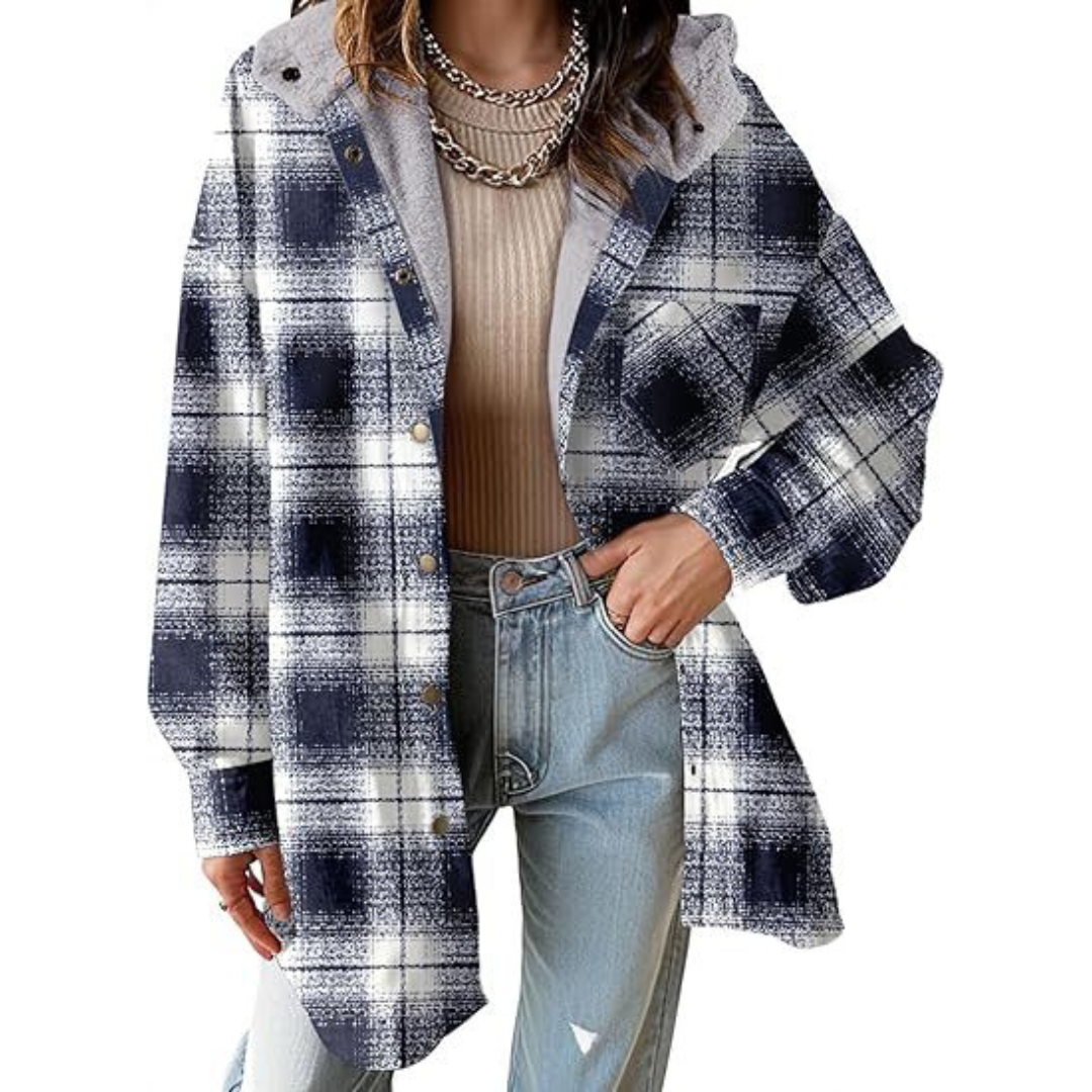 Plaid hooded shacket jacket with sherpa-lined collar, dark navy and white plaid, button front