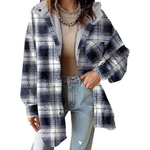 Plaid hooded shacket jacket with sherpa-lined collar, dark navy and white plaid, button front