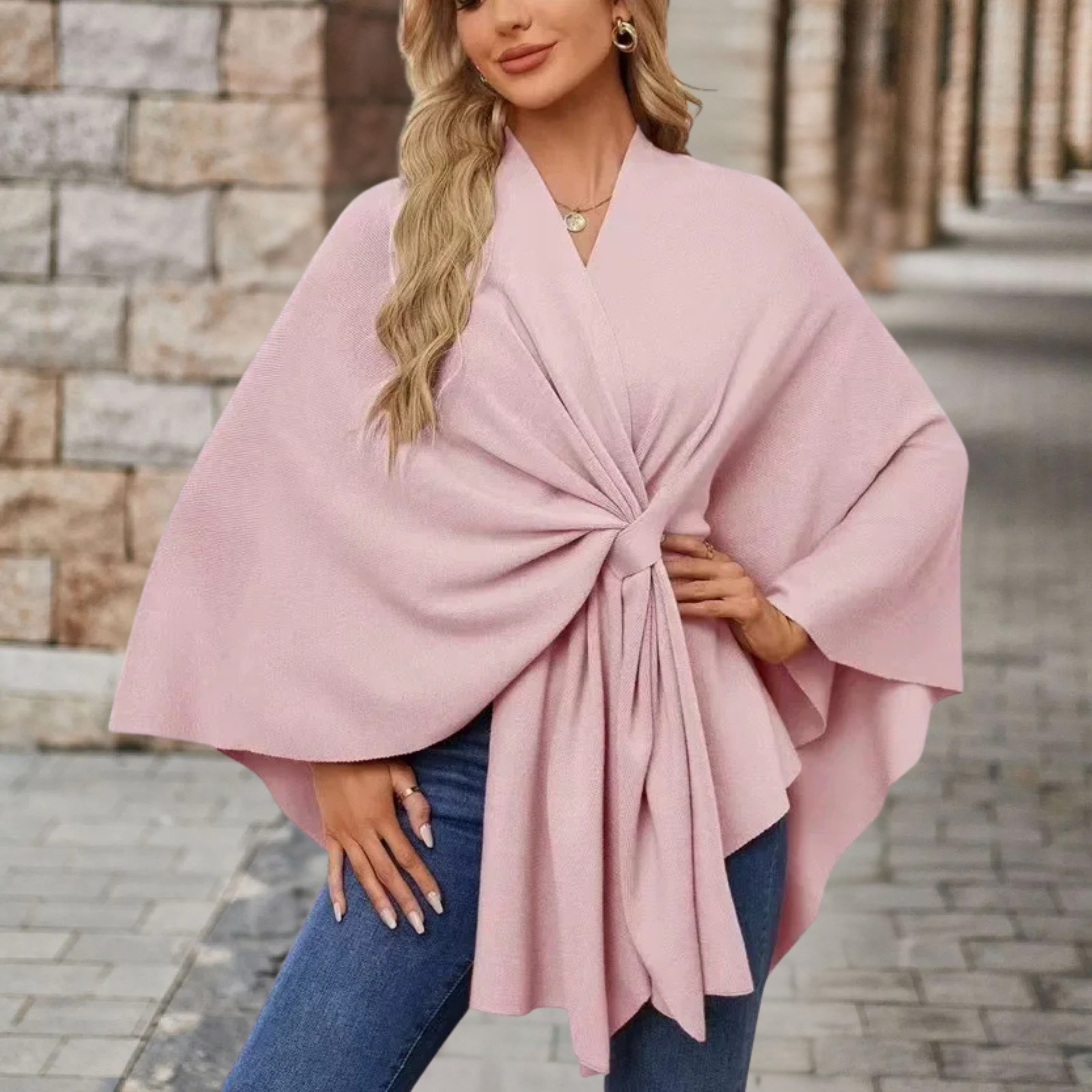 Rose pink draped poncho with V-neck and gathered front knot, wide cape sleeves