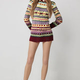 Women’s long-sleeve hooded pullover, multicolor patterned knit with drawstring