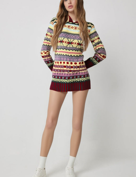 Women’s long-sleeve hooded pullover, multicolor patterned knit with drawstring