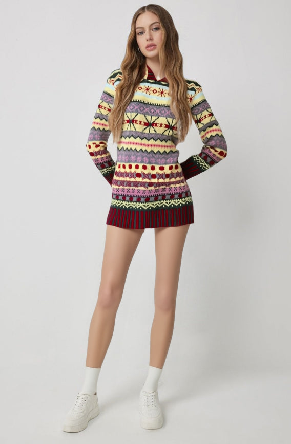 Women’s long-sleeve hooded pullover, multicolor patterned knit with drawstring
