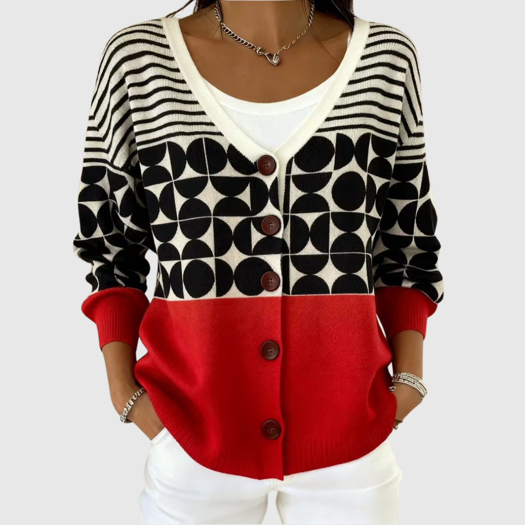 Knit cardigan with button front, V-neck; black and white striped top, red body
