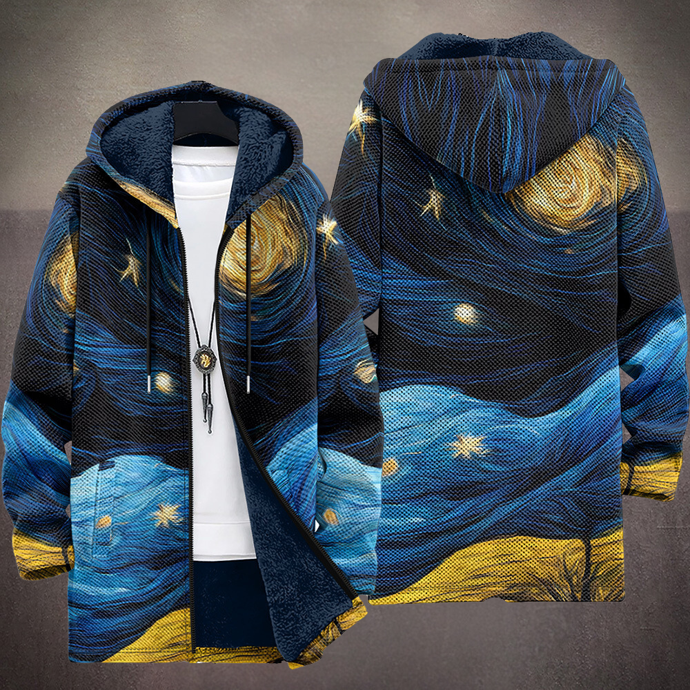 Hooded zip-up cardigan back view with blue and yellow abstract waves pattern, fleece hood