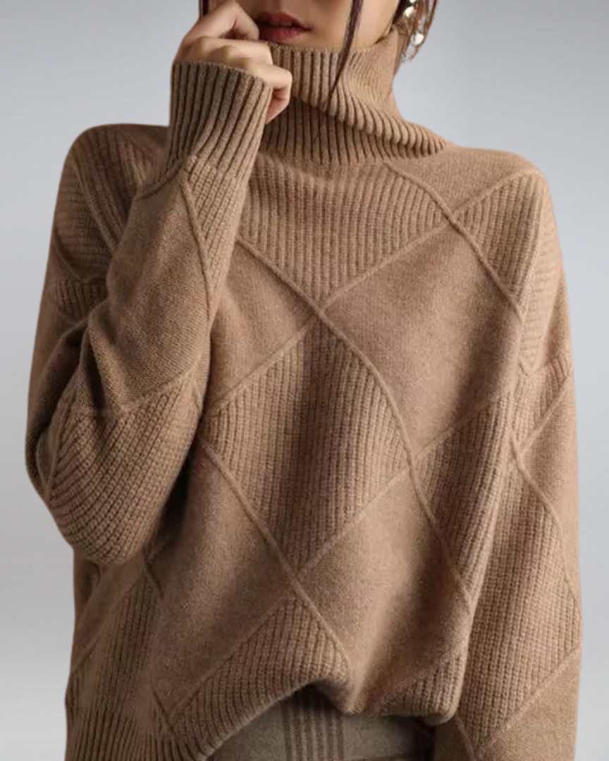Tan ribbed turtleneck sweater with diamond knit panels and long sleeves