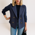 Navy everyday blazer with notch lapels and four-button front, ribbed long sleeves