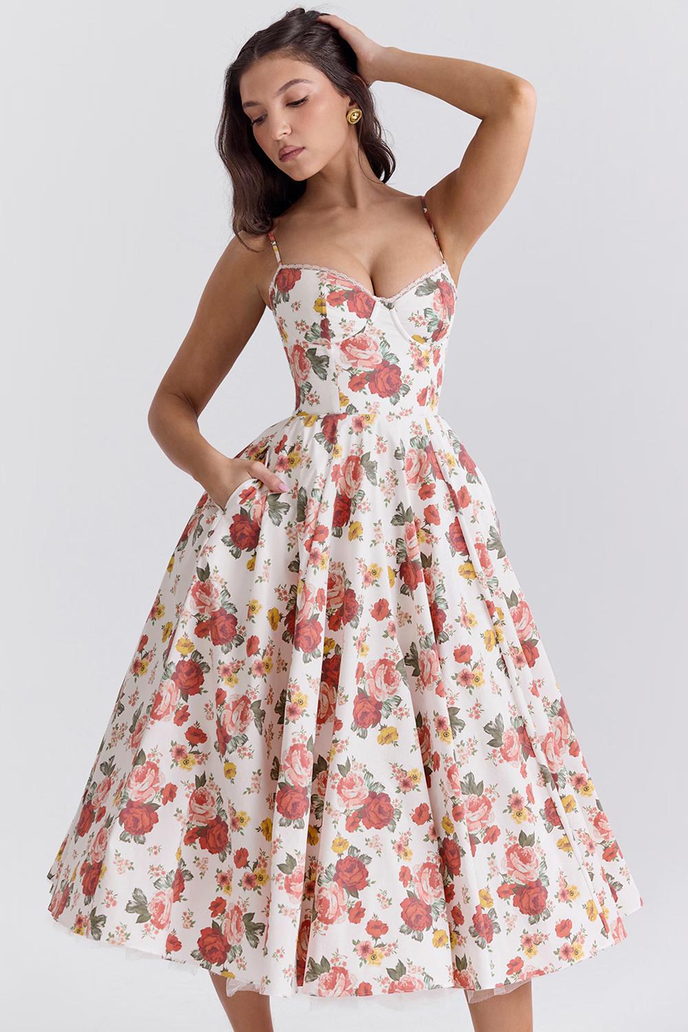 Women's white floral spaghetti-strap slimming dress with gathered flared skirt, 3/4 view