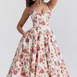 Women's white floral spaghetti-strap slimming dress with gathered flared skirt, 3/4 view