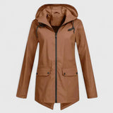 Brown hooded zip-up jacket with drawstring, front pockets, and buttoned flap closures