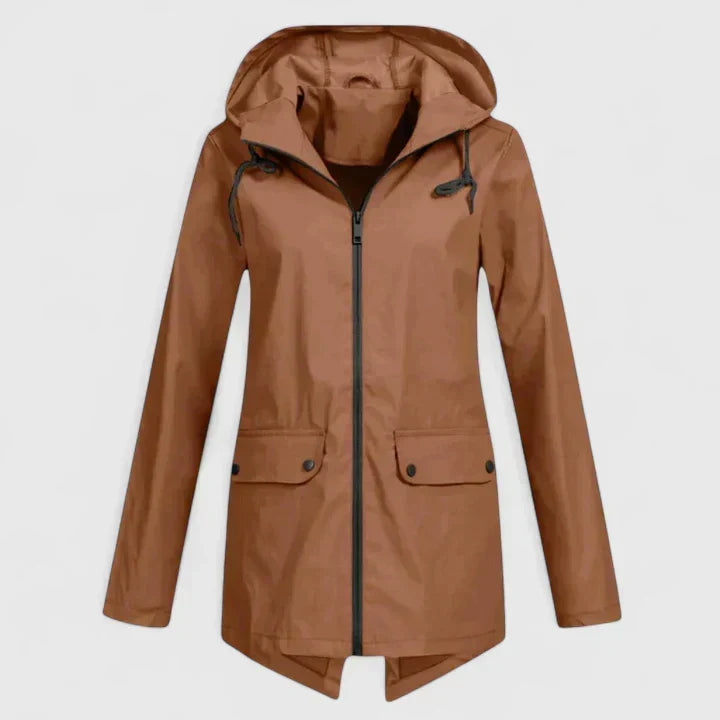 Brown hooded zip-up jacket with drawstring, front pockets, and buttoned flap closures