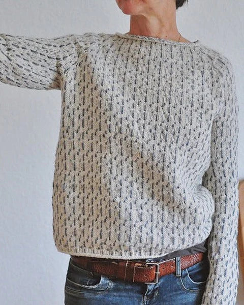 Womens crew-neck speckled pullover, long sleeves, ribbed trim at neckline and cuffs
