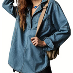 Light blue oversized denim pullover with half-zip and patch sleeve pocket